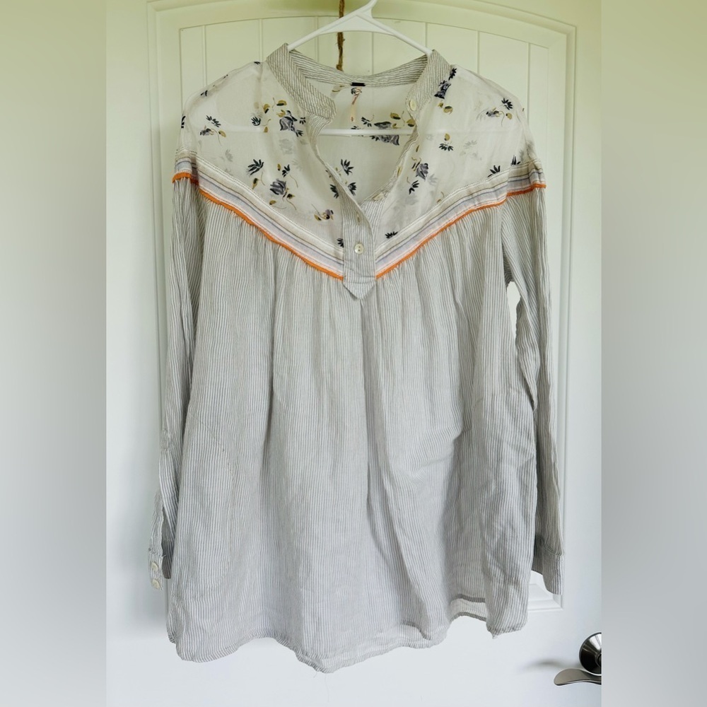 Free People Oversized Blue Striped Floral Blouse-Size Small